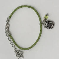 Green Braided Leather Bracelet with Silver Owl Charm Green Czech Beaded Dangle and Silver Leaf Charm