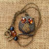 Owl Necklace: Vintage Upcycle Orange Jewel Eyed Crystal Owl Pendant Antiqued Gold Bronze Bird Black 