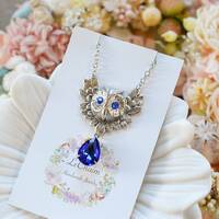 Silver Owl Necklace with Sapphire Blue Crystal Rhinestone, September Birthstone Birthday Gift for he