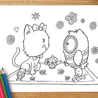 Cat and Owl Tea Party Coloring Page! Downloadable PDF file!