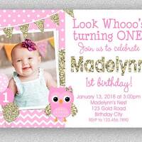 Owl Birthday Invitation, Owl 1st Birthday, Pink and Gold Birthday Invitation, Owl Birthday Party, Ow