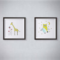 Pen and Ink Illustration Yellow Starry Owl & Giraffe Art Print Set of 2