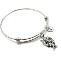 Owl Bangle, Owl Charm, Owl Bracelet, Expandable Bangle, Initial Bracelet, Silver Owl Bangle, Owl Jew