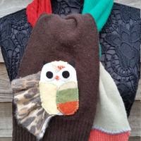 Colorblock Owl & Leopard Print Repurposed Sweater Scarf Up-cycled Repurposed