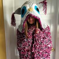 Hooded Crochet Owl Blanket Chunky Cosy Throw in Baby, Child and Adult sizes. Birthday Valentines Xma
