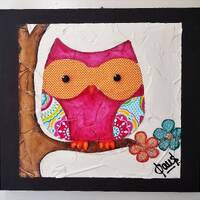 Colorful Owl Paintings, Owl Art Paintings, Owl in tree painting, Art Trees Paintings, Bright Color P