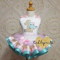 For all ages - Owl Birthday Outfit - Pink, gold, aqua - Includes embroidered top and ruffled tutu - 