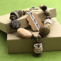 Owl Bracelet (brown and silver bracelet with owl charm)(Men or Women's bracelet)