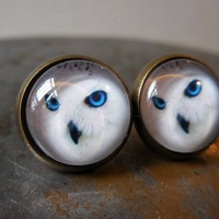 Snowy Owl Stud Earrings, owl gifts, white owl earrings, bird earrings gift handmade jewelry antique
