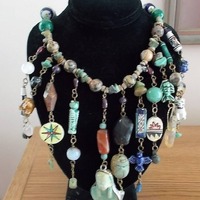 Vintage Artisan Egyptian Charm Necklace - Elephant Owl Cat Fish Crystals & More!