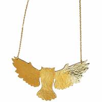 Large Brass Barn Owl Necklace: Hammered Gold Statement Pendant