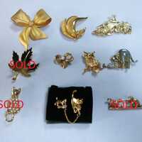 Vintage Gold Tone Brooches &ndash; Bow, Owl, Noah's Ark, Cat Designs ***LISTING FOR ONE***