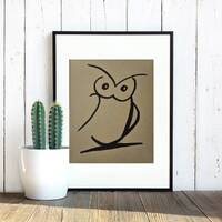 Minimalist owl in black marker drawing on cardboard colored paper, wall art decor, original poster a