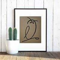 minimalist Wise owl drawing in black marker on cardboard colored paper, wall art decor, original pos