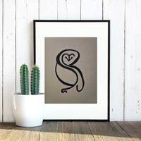 Snow Owl minimalist drawing in black marker on cardboard colored paper, wall art decor, original pos