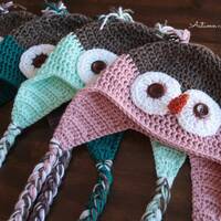 Handmade Crochet Owl Hat with Earflaps and Braids in All Sizes, Choose Color