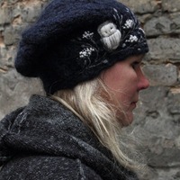 Hand knitted slouchy beanie with embroidery owl,midnight blue,winter accessories,gift for her,soft a