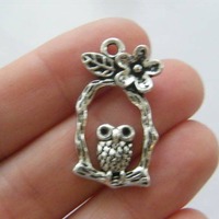 6 Owl charms antique silver tone B255
