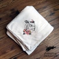 Dire Blooms - Owl and Flowers Embroidered Fleece Micro Mink Sherpa Blanket