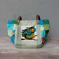 Woodland Owl Bag - Vintage Embroidery, Blue Green Colors, Patchwork and Leather Bag.