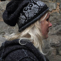 Knitted beanie hat with owl,slouchy beanie,winter accessories,Christmas gift,dark gray and light gra