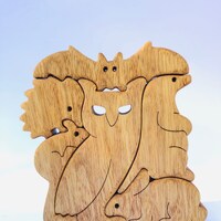 Wooden balancing game, Puzzle of 6 night animals: Owl, Rabbit, Hedgehog, Bat, Gerbillus & Badger