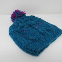 Handcrafted Knitted Hat Teal/Fuchsia Owl 100% Merino Wool Female Kids 4-6