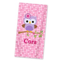 Personalized Owl Beach Towel - Pink Polka Dots Owl Lightweight Pool Towel, Little Purple Bird Owl Be