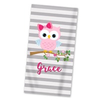 Kids Owl Beach Towel - Gray Stripes Owl Lightweight Pool Towel, Little Pink Bird Owl Personalized To