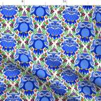 Owl Fabric - Blue Owls With Flowers Ogee By Shellypenko - Bright Blue Green Retro Kitsch Owls Cotton