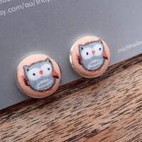 Small Owl fabric button earrings/studs or clip ons