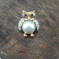 Costume Jewelry Owl Brooch by Butler with Faux Pear, Clear and Blue Rhinestone