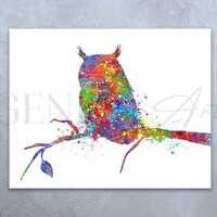 Night Owl Watercolor Art Print: Colorful Bird Poster