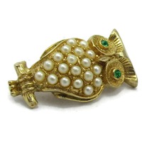 Pair Scatter Gold Owl Pin Brooch Pearl Rhinestones Design Vintage Costume Fashion Jewelry Designer S