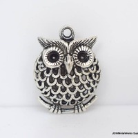 Large Puffed Round Pewter Owl Pendant, Large Owl Charms, Pewter Bird Pendant, Woodland Jewelry DIY, 