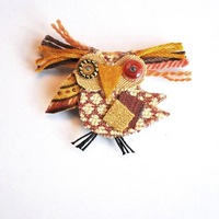 Butterscotch the Owl Brooch, Recycled Fabric, Repurposed Textiles, Bird, Terracotta,Rust, Gold, Beig