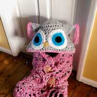 Pink Crochet Owl Blanket – Hooded Snuggle Sack, Handmade UK
