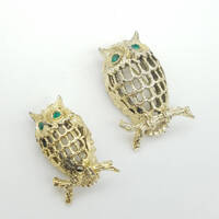 Set of Two Gerry's Gold Tone & Green Rhinestone Owl Brooches