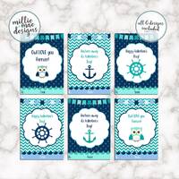 INSTANT DOWNLOAD - Blue and Turquoise Nautical Owl Valentine's Day Cards