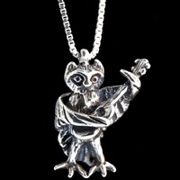 Owl w/ Guitar Charm Owl Necklace Silver Owl Charm Edward Lear Poem Owl Jewelry Owl Pendant Silver Ow