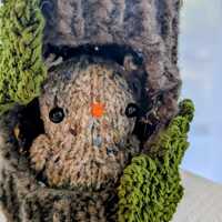 Baby owl bird and tree stump playset - knitted stuffed toy