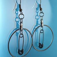 Gunmetal Hoop - Safety Pin Earrings - Owl Earrings - Black Rhinestones