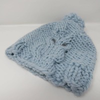Handcrafted Knitted Hat Beanie Light Blue Owl Acrylic Wool Pom Pom Female Adult