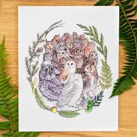Owl Family Portrait 8x10 or 11x14 fine art print