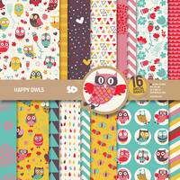 Happy owls digital paper pack, owl scrapbook pages, floral patterns, butterflies drops flowers, back