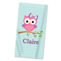 Owl Personalized Beach Towel - Turquoise Chevron Owl Lightweight Pool Towel, Cute Little Pink Bird O