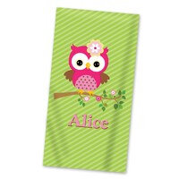 Owl Beach Towel - Lime Green Stripes Owl Lightweight Pool Towel, Pink Woodland Bird Owl Personalized