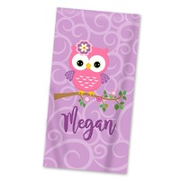 Owl Kids Beach Towel - Purple Swirls Owl Lightweight Pool Towel, Little Pink Owl Personalized Beach 