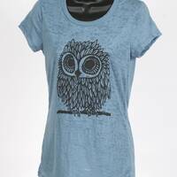 Owl on Women's Steal Blue Burnout T Shirt S, M, L, XL, XXL