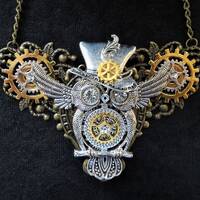 Steampunk jewelry Owl in top hat bib necklace - bronze filigree base, silver winged owl and top hat 
